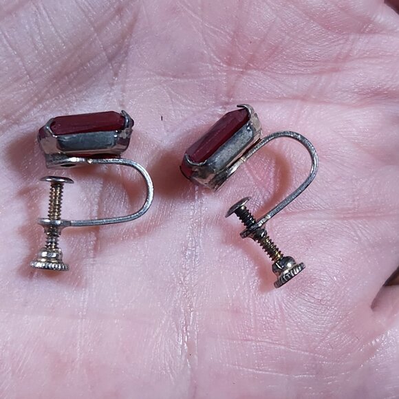 Antique Emerald Cut Ruby Non Pierced Earrings Sterling Silver - Picture 5 of 7